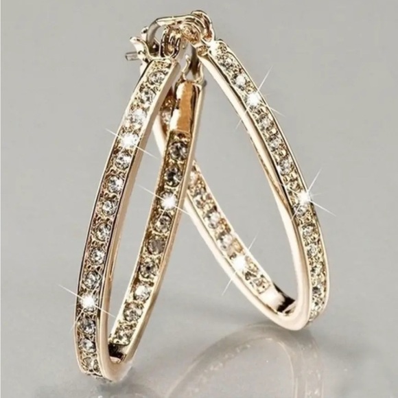 14K Gold Plated Hoop Earrings Inlaid with Shiny Zirconia, Elegant Large Roun NWT - Picture 1 of 5